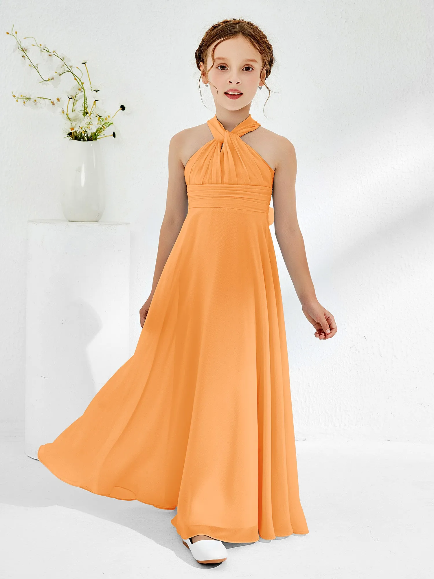 A-line Halter Neckline Sleeveless Junior Bridesmaid Dresses Orange