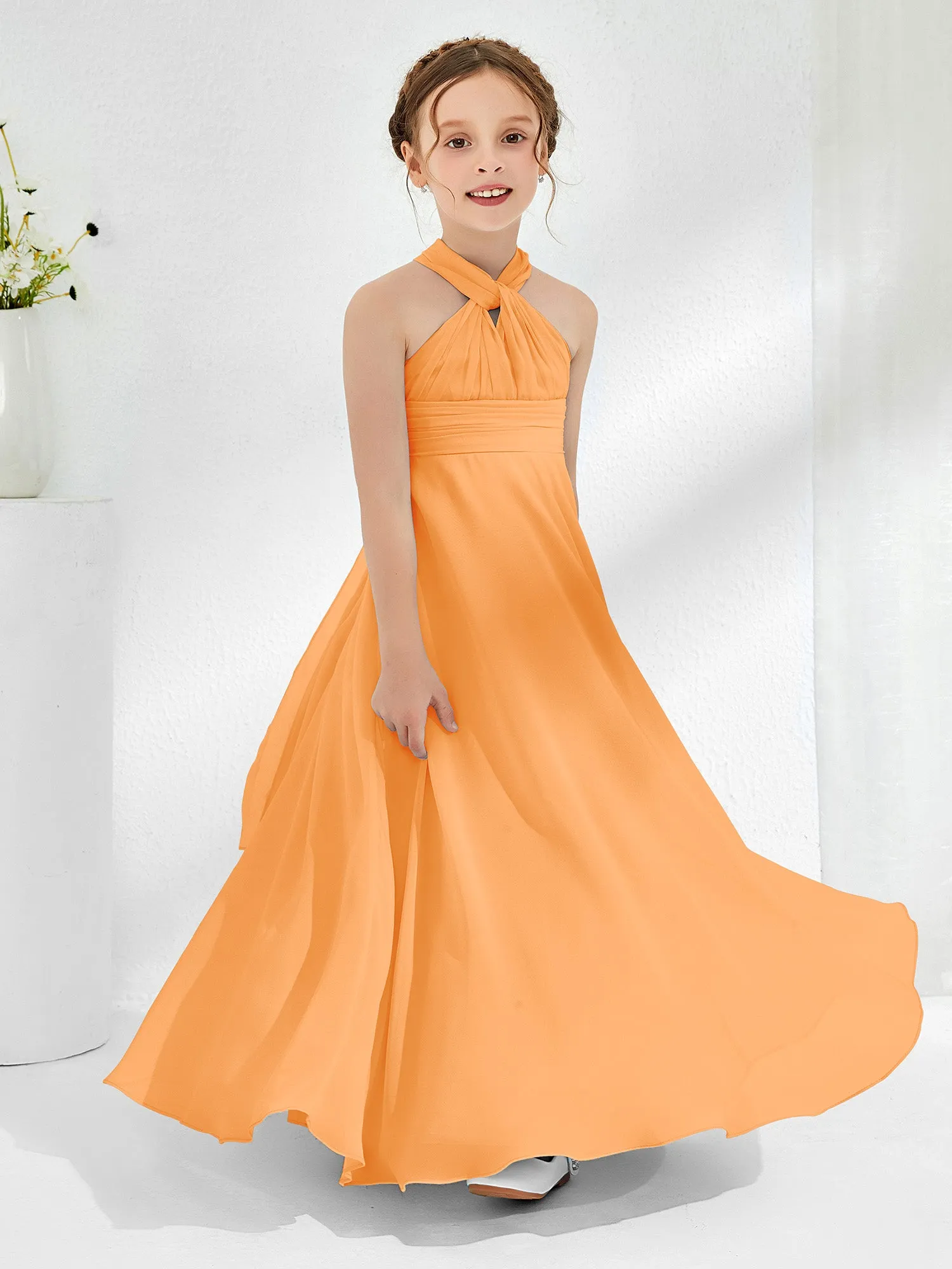 A-line Halter Neckline Sleeveless Junior Bridesmaid Dresses Orange
