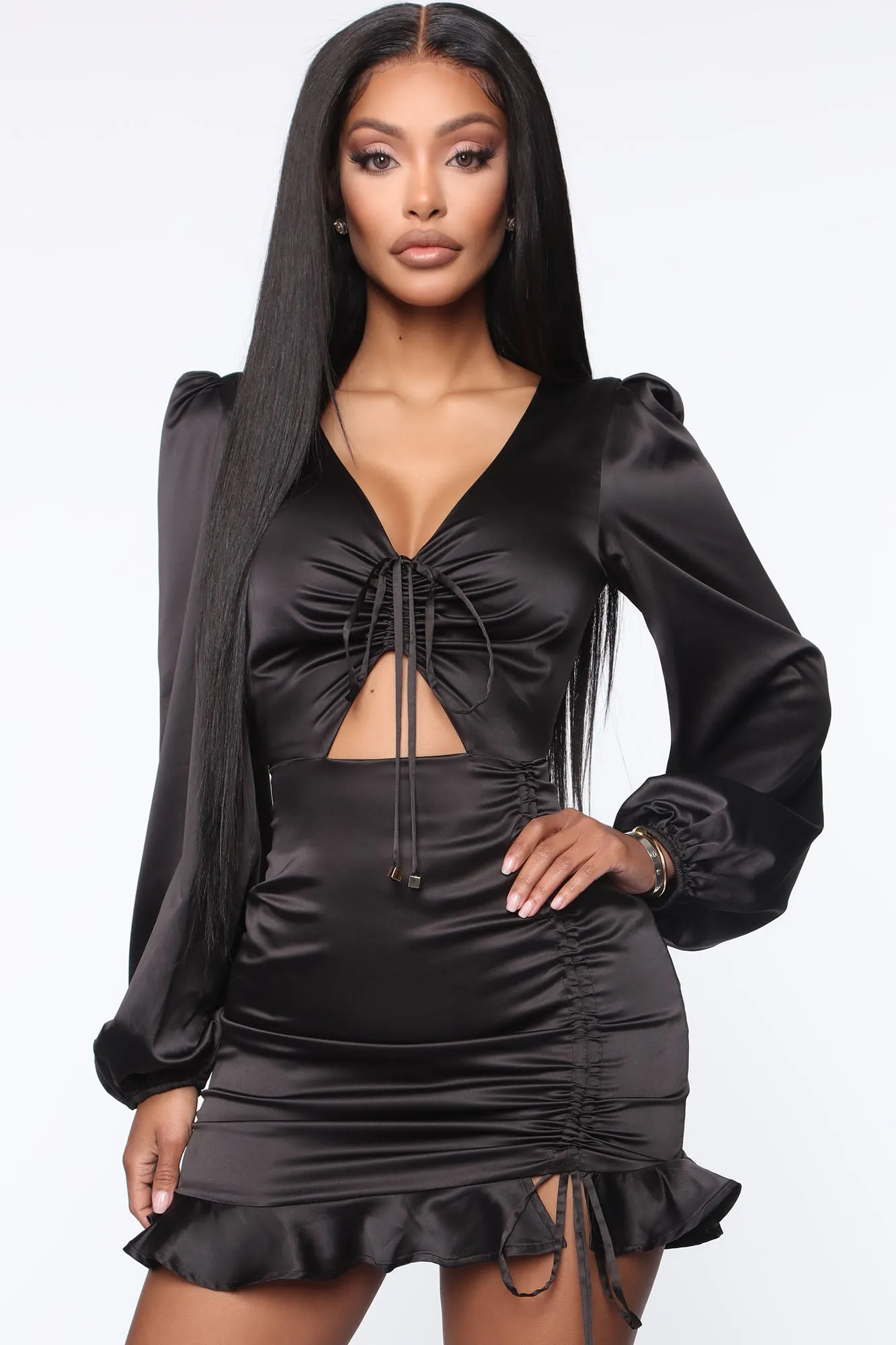 All Night Longer Satin Mini Dress - Black