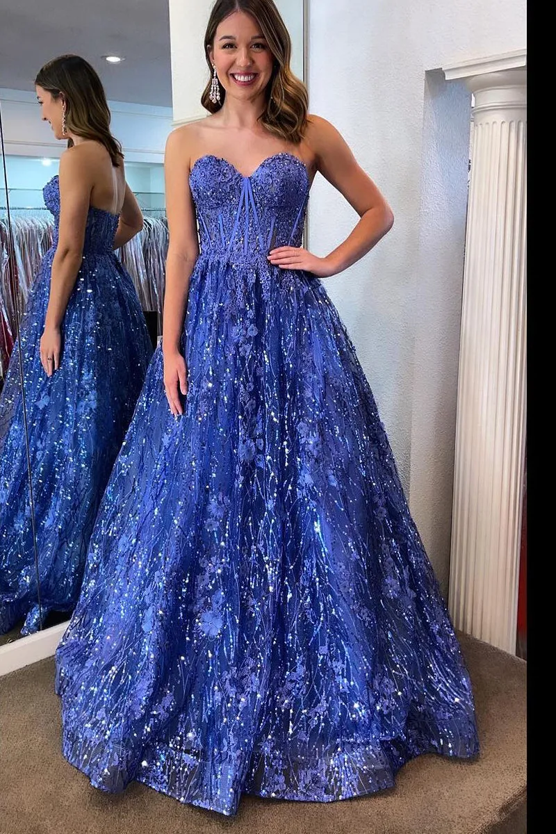 Allyson | Sweetheart Blue Sequin Lace Corest Long Dresses