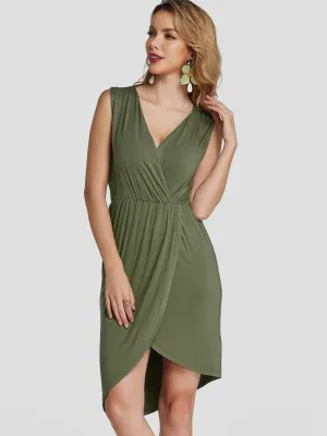 Army Green Crossed Collar Sleeveless Irregular Hem Casual Dress