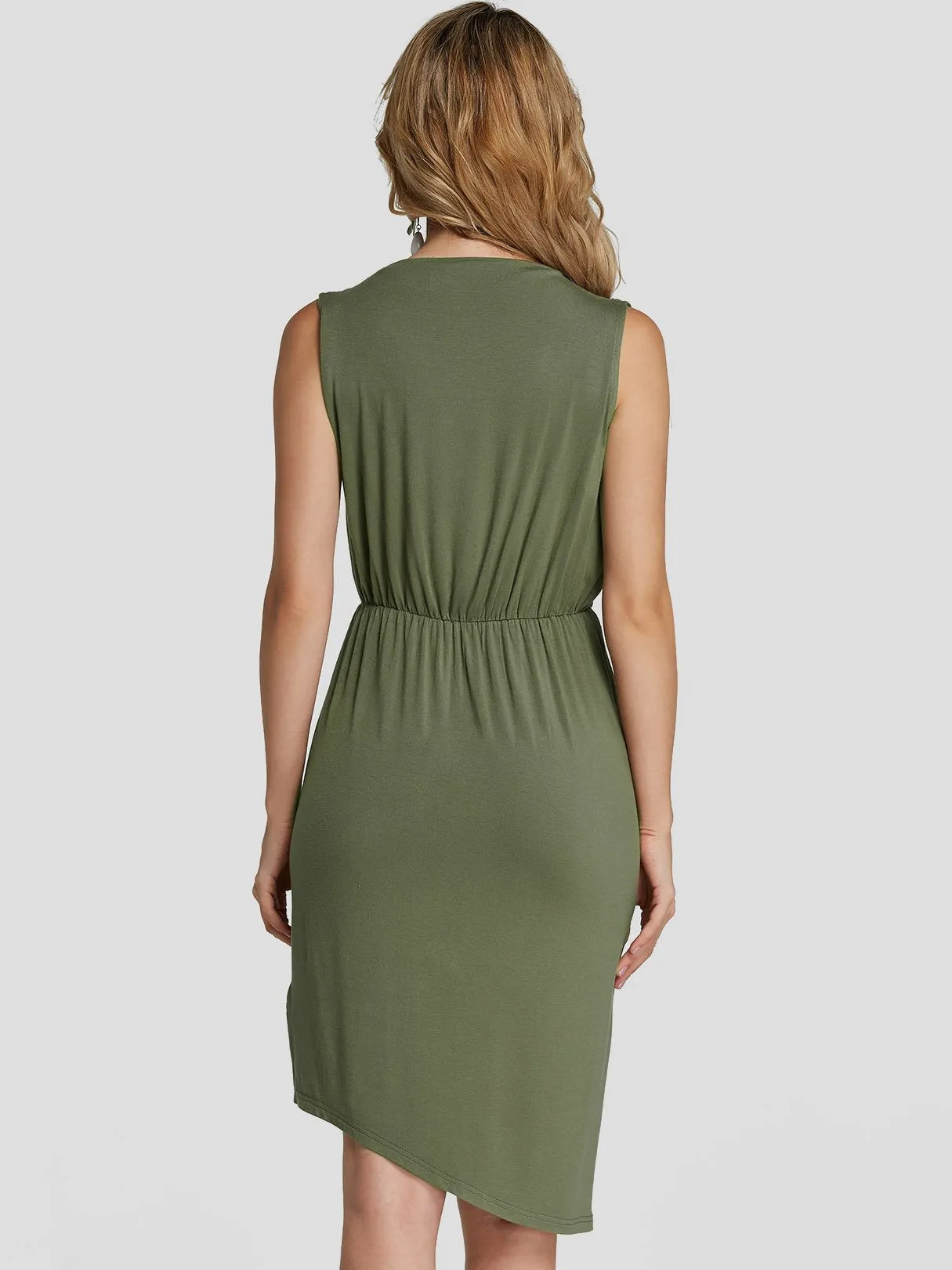 Army Green Crossed Collar Sleeveless Irregular Hem Casual Dress