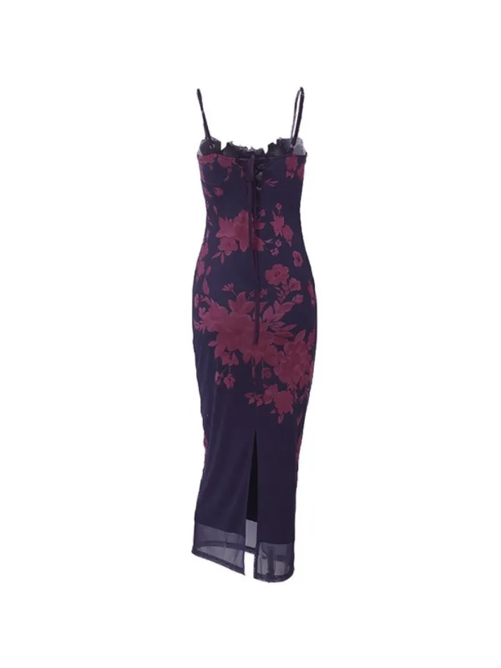 Backless Lace Trim Vintage Print Slit Maxi Dresses