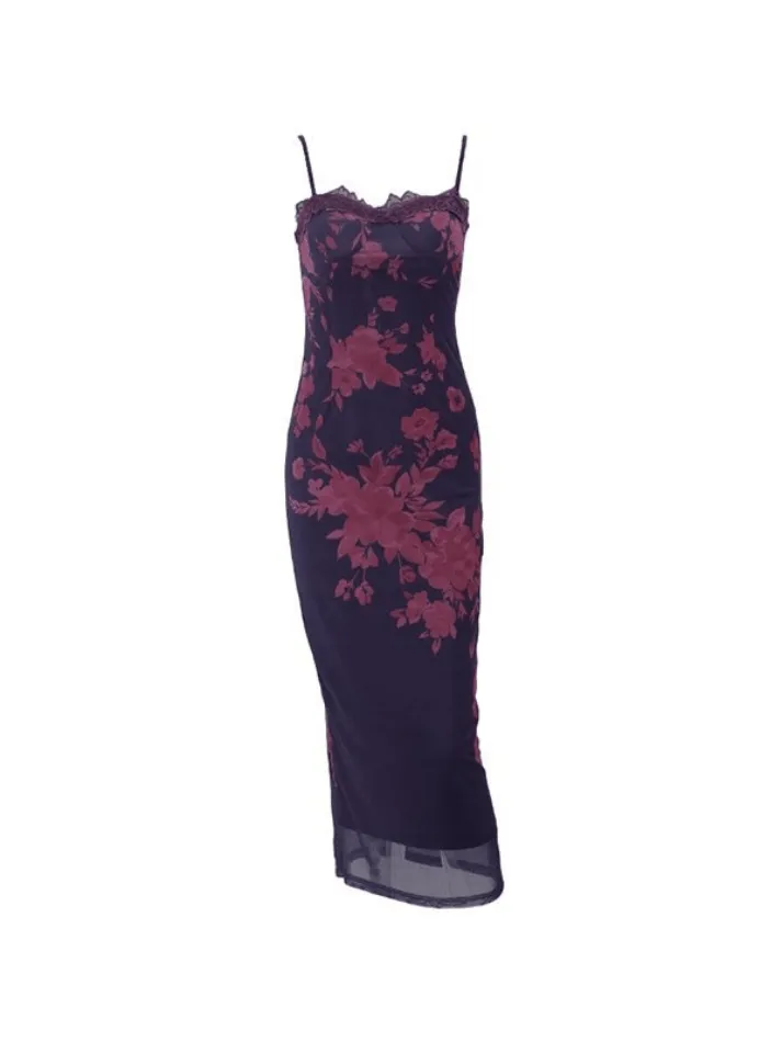 Backless Lace Trim Vintage Print Slit Maxi Dresses