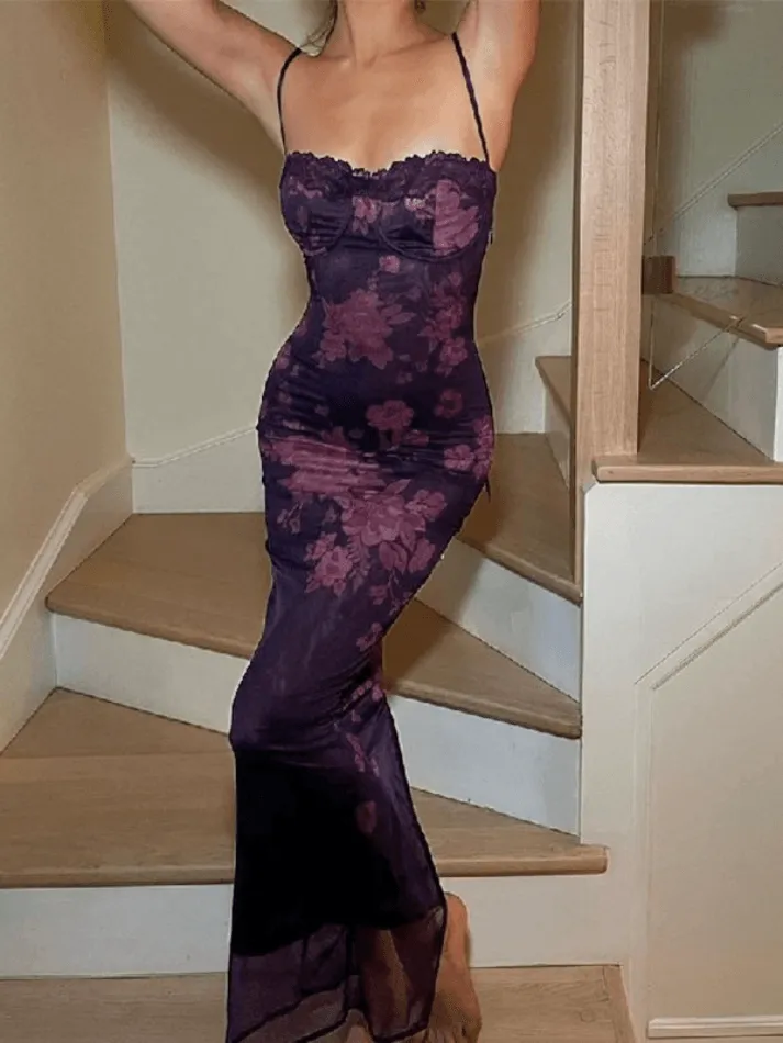 Backless Lace Trim Vintage Print Slit Maxi Dresses