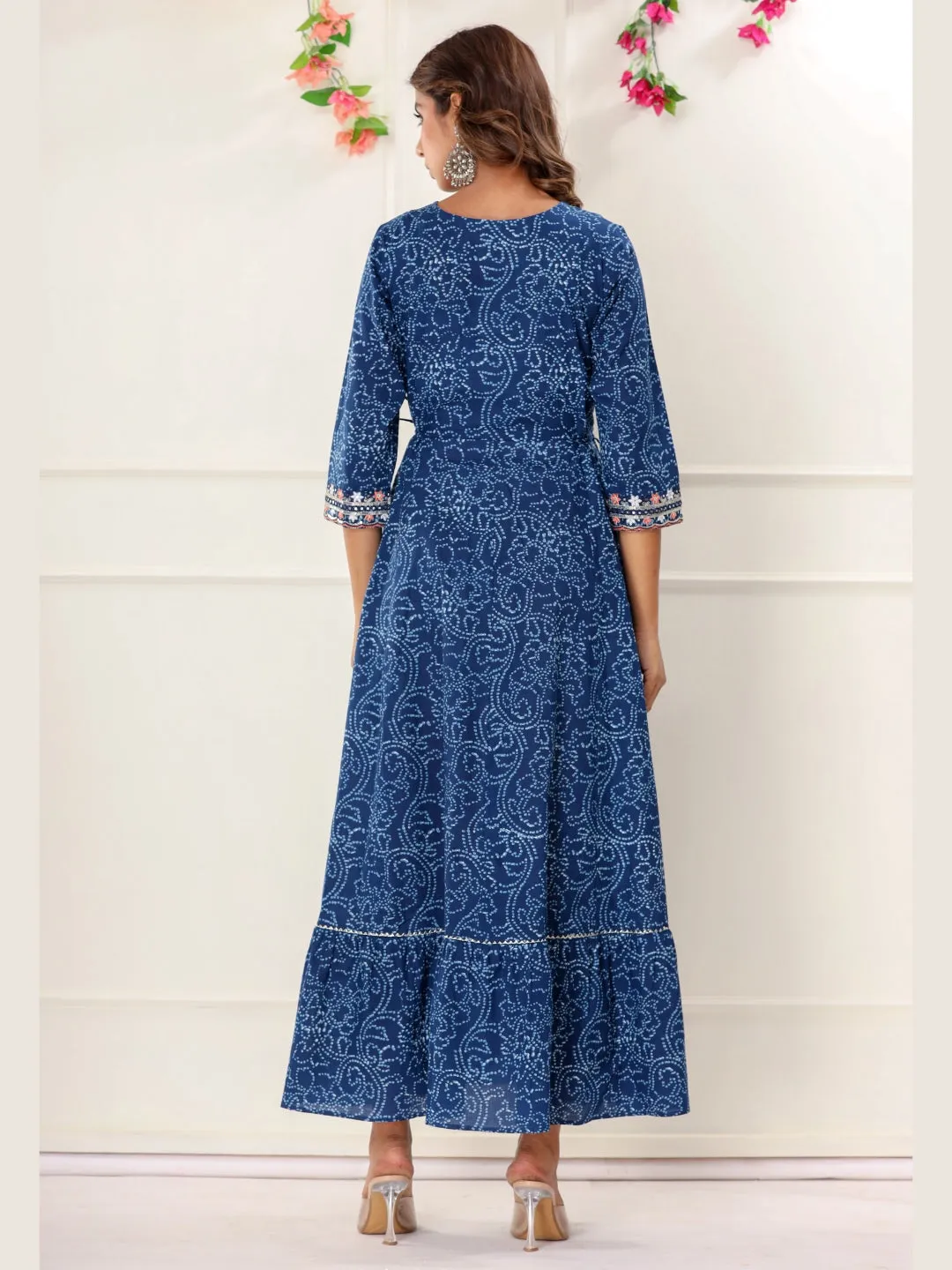 Bandhani Print Colorful Embroidered Anarkali Kurta Dress - Blue