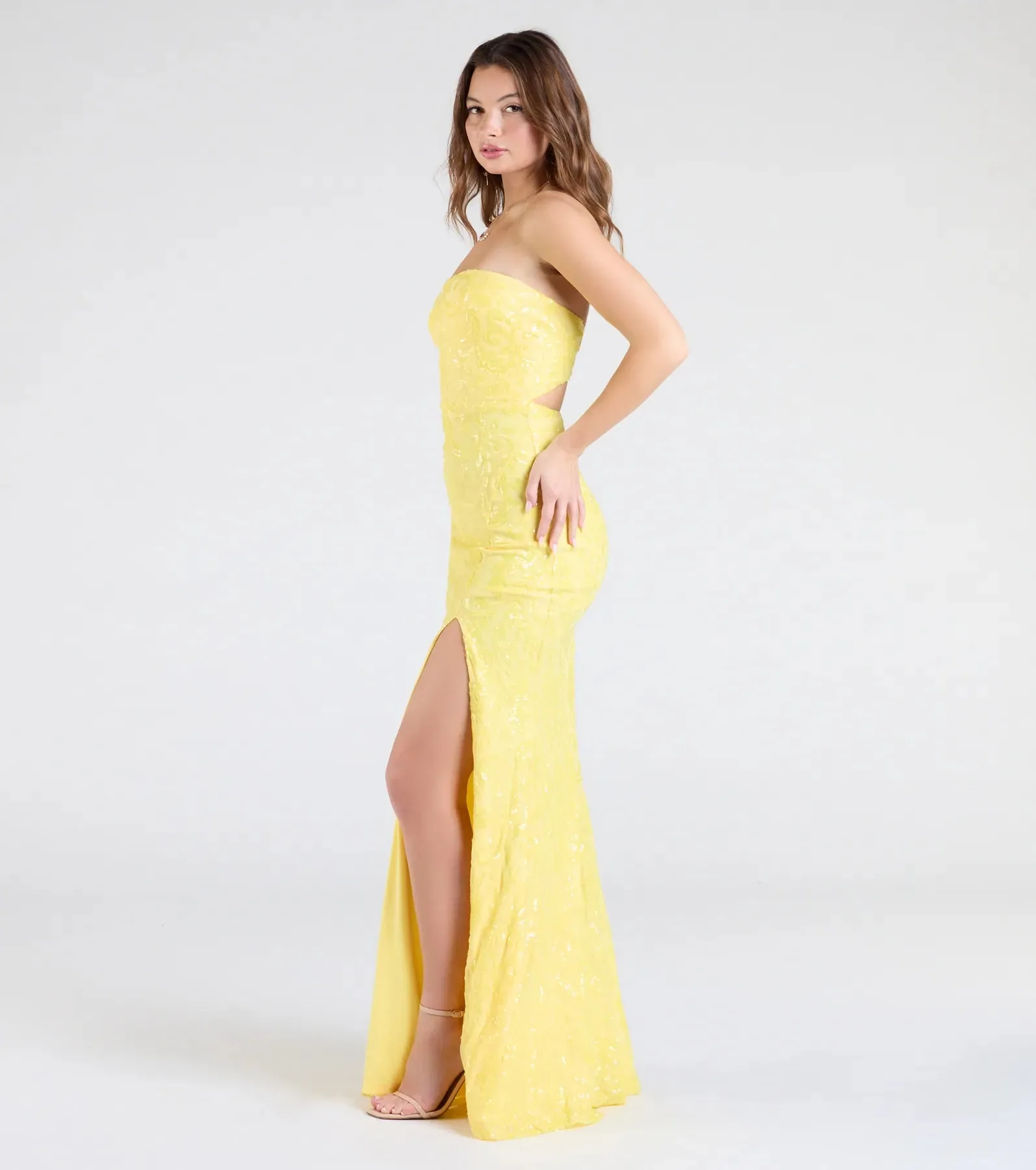 Barbara Strapless Slit Mermaid Sequin Formal Dress