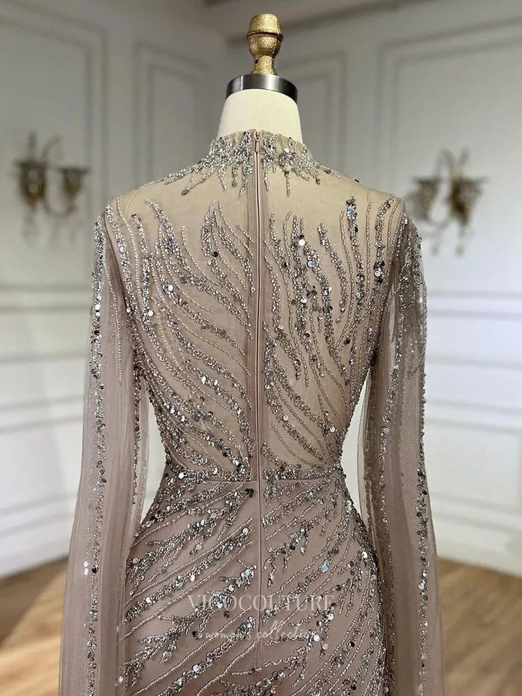 Beaded Lace Mermaid Prom Dresses Extra Long Sleeve Sleeve High Neck Pageant Dress 24504