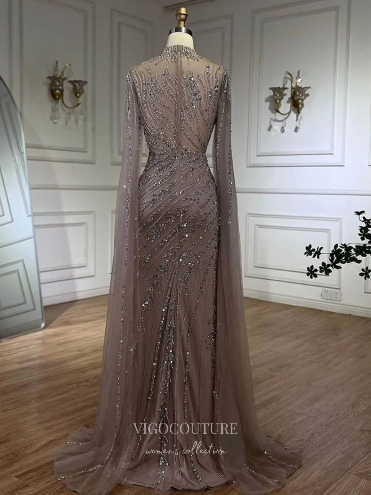 Beaded Lace Mermaid Prom Dresses Extra Long Sleeve Sleeve High Neck Pageant Dress 24504