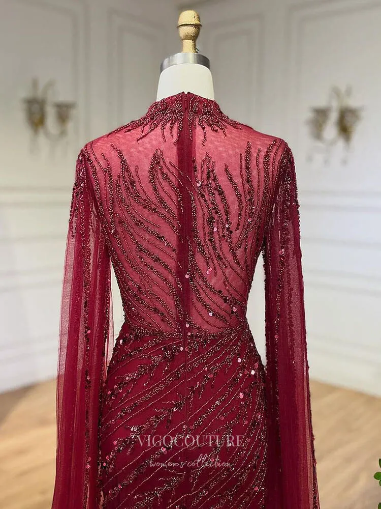 Beaded Lace Mermaid Prom Dresses Extra Long Sleeve Sleeve High Neck Pageant Dress 24504