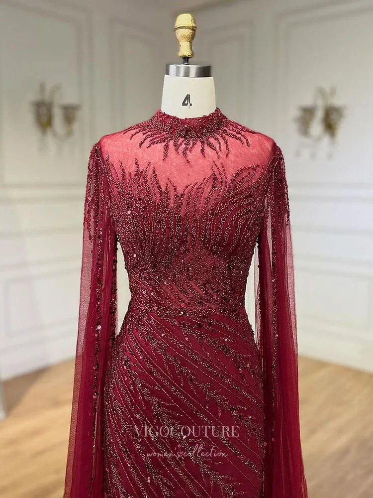 Beaded Lace Mermaid Prom Dresses Extra Long Sleeve Sleeve High Neck Pageant Dress 24504