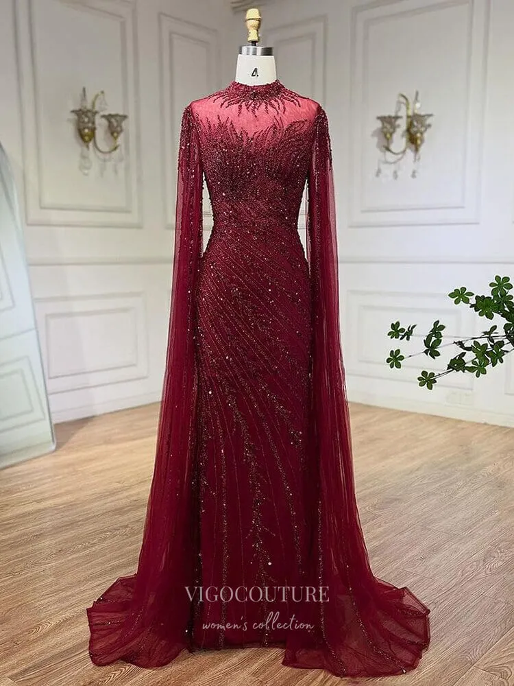 Beaded Lace Mermaid Prom Dresses Extra Long Sleeve Sleeve High Neck Pageant Dress 24504