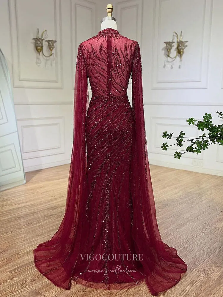 Beaded Lace Mermaid Prom Dresses Extra Long Sleeve Sleeve High Neck Pageant Dress 24504