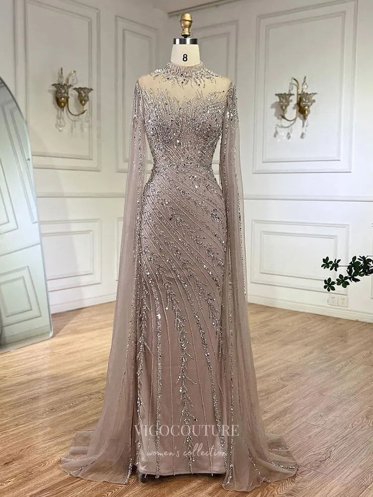 Beaded Lace Mermaid Prom Dresses Extra Long Sleeve Sleeve High Neck Pageant Dress 24504