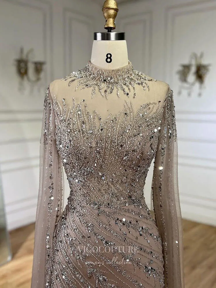 Beaded Lace Mermaid Prom Dresses Extra Long Sleeve Sleeve High Neck Pageant Dress 24504