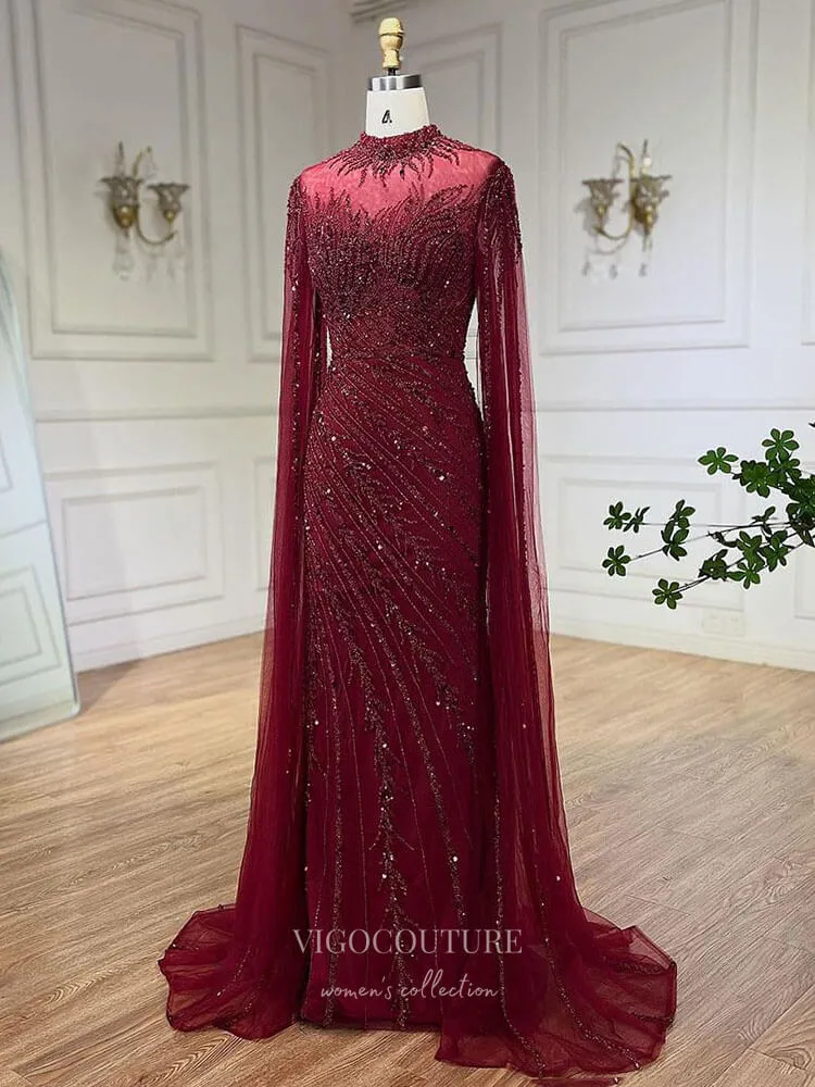Beaded Lace Mermaid Prom Dresses Extra Long Sleeve Sleeve High Neck Pageant Dress 24504