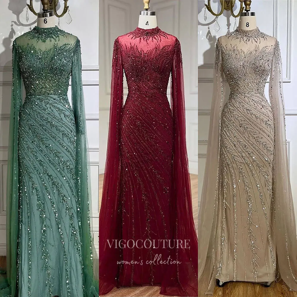 Beaded Lace Mermaid Prom Dresses Extra Long Sleeve Sleeve High Neck Pageant Dress 24504