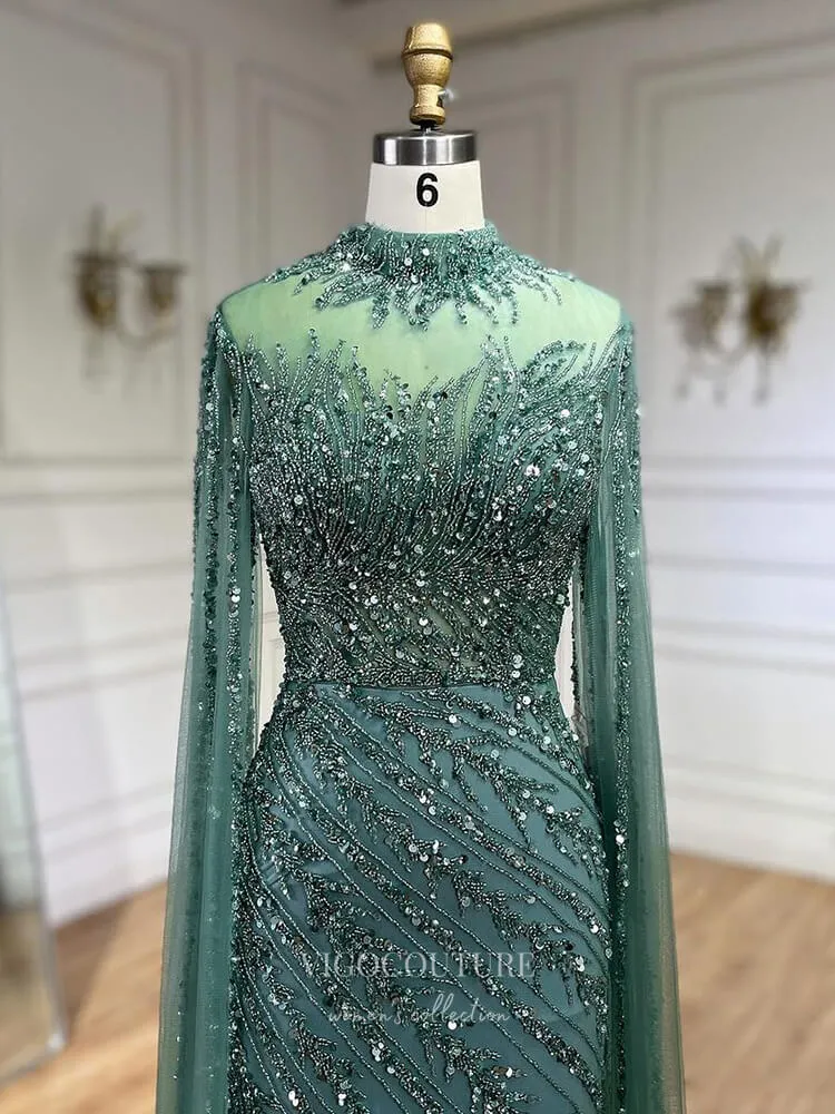 Beaded Lace Mermaid Prom Dresses Extra Long Sleeve Sleeve High Neck Pageant Dress 24504