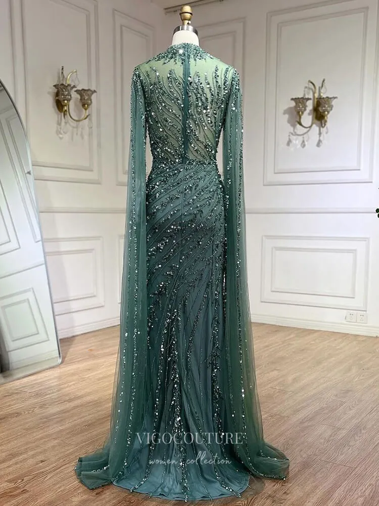 Beaded Lace Mermaid Prom Dresses Extra Long Sleeve Sleeve High Neck Pageant Dress 24504