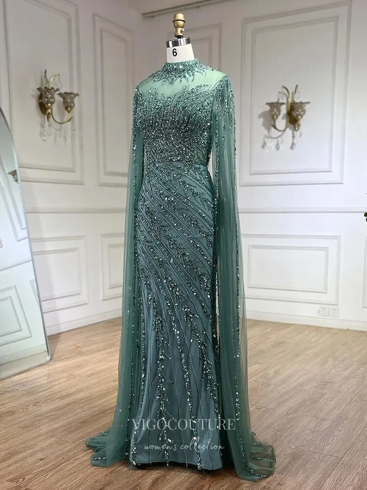 Beaded Lace Mermaid Prom Dresses Extra Long Sleeve Sleeve High Neck Pageant Dress 24504