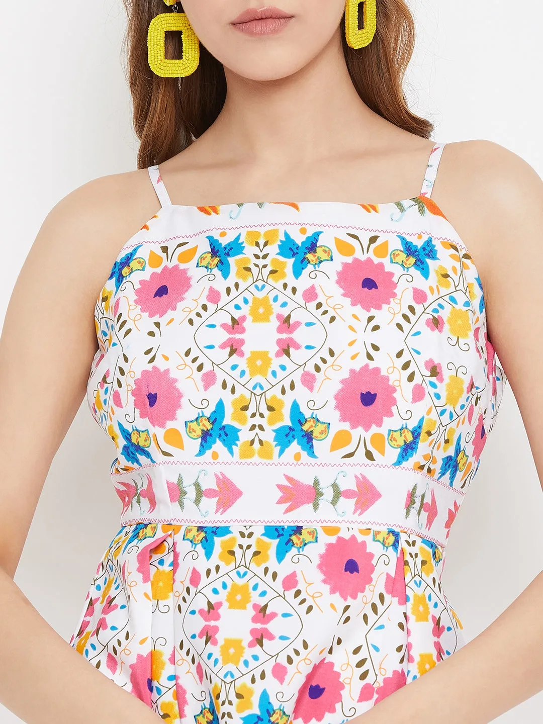 Berrylush Women White Floral Print Shoulder Straps Mini Dress