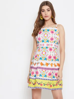 Berrylush Women White Floral Print Shoulder Straps Mini Dress