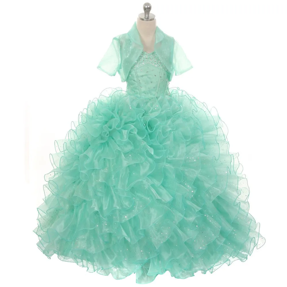 Big Girls Mint Sequin Sparkly Ruffle Bolero Pageant Dress 8-14