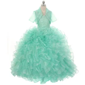Big Girls Mint Sequin Sparkly Ruffle Bolero Pageant Dress 8-14
