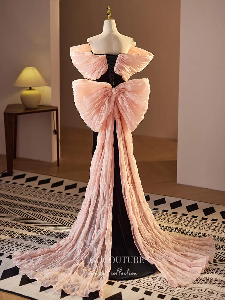 Black and Pink Bow Tie Velvet Prom Dresses Rosette Mermaid Formal Gown 24393