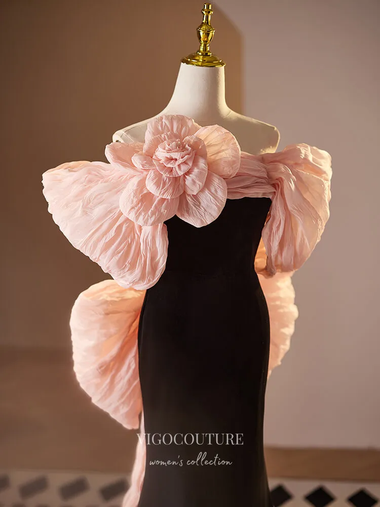 Black and Pink Bow Tie Velvet Prom Dresses Rosette Mermaid Formal Gown 24393