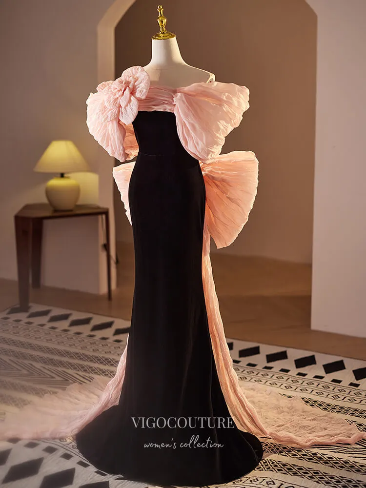 Black and Pink Bow Tie Velvet Prom Dresses Rosette Mermaid Formal Gown 24393