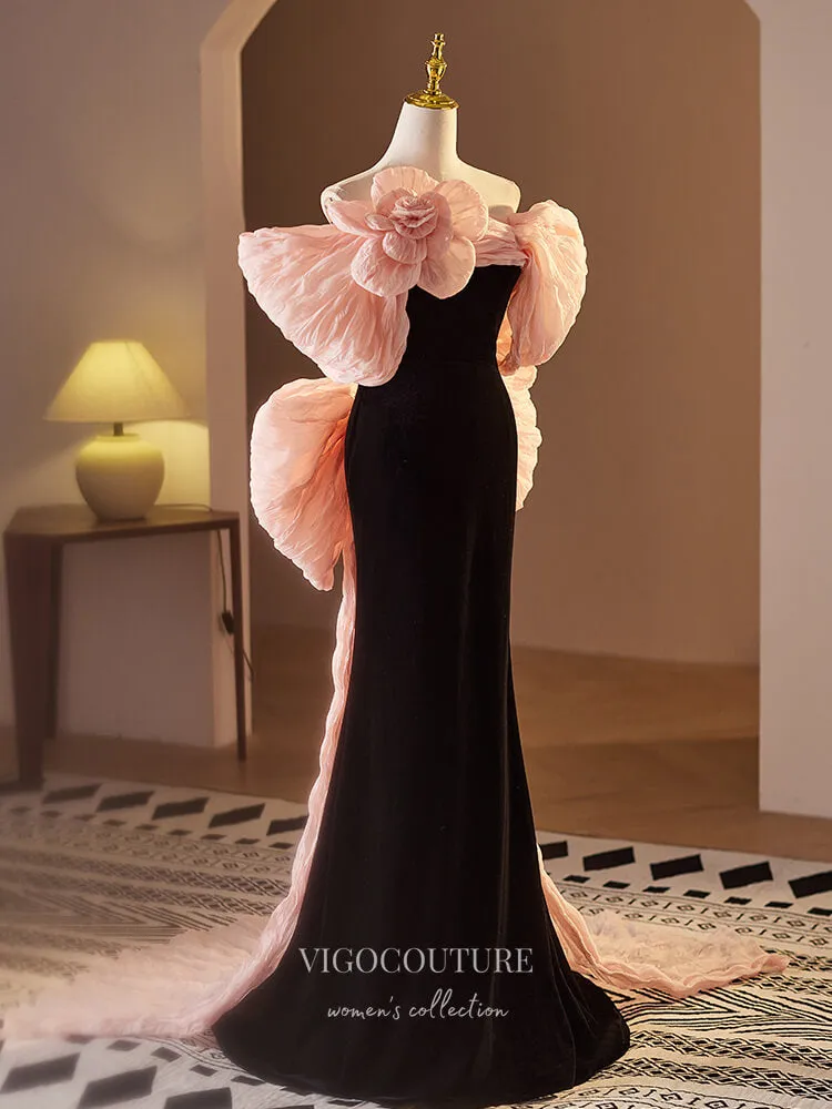 Black and Pink Bow Tie Velvet Prom Dresses Rosette Mermaid Formal Gown 24393