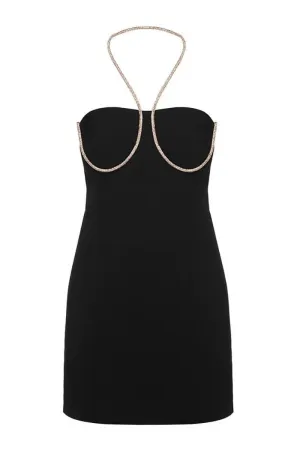 BLACK HALTERNECK MINI DRESS WITH GOLD DETAILING