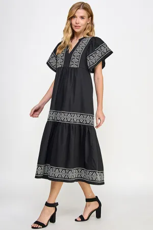 Black Linen & Cotton Blend Embroidered Dress
