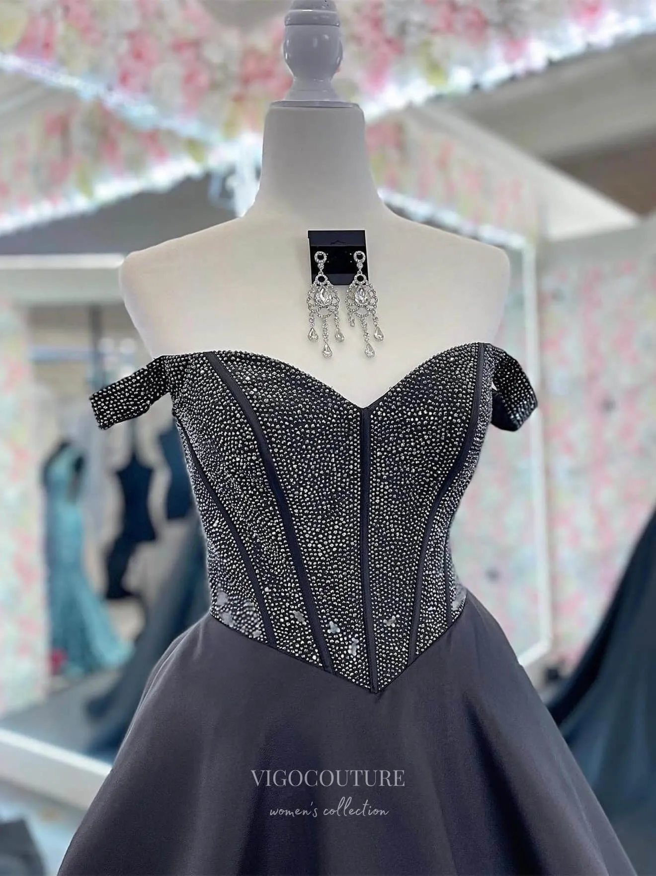 Black Satin Off the Shoulder Prom Dresses Beaded Boned Bodice 24173