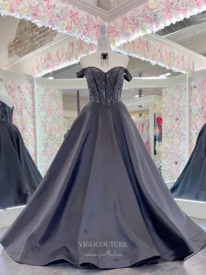 Black Satin Off the Shoulder Prom Dresses Beaded Boned Bodice 24173