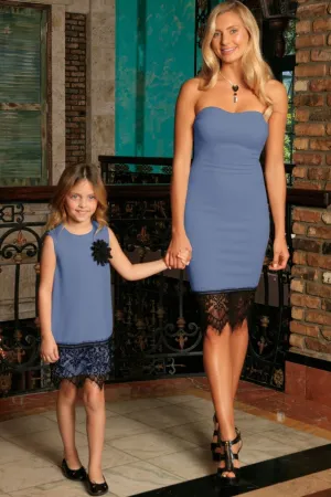 Blue Gray Stretchy Sleeveless Party Mother Daughter Dress