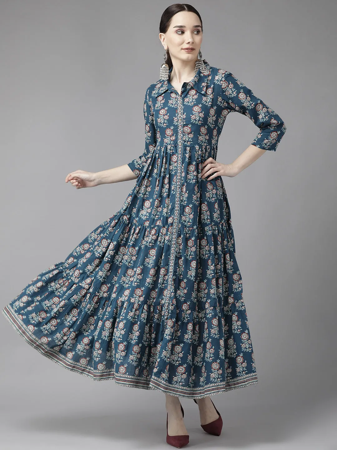 Blue Print Cotton Maxi Dress