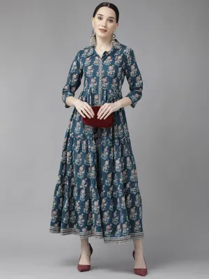 Blue Print Cotton Maxi Dress