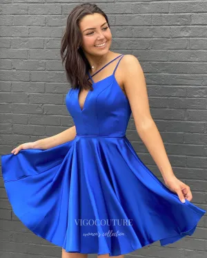 Blue Satin Homecoming Dress Spaghetti Strap Graduation Dress hc286