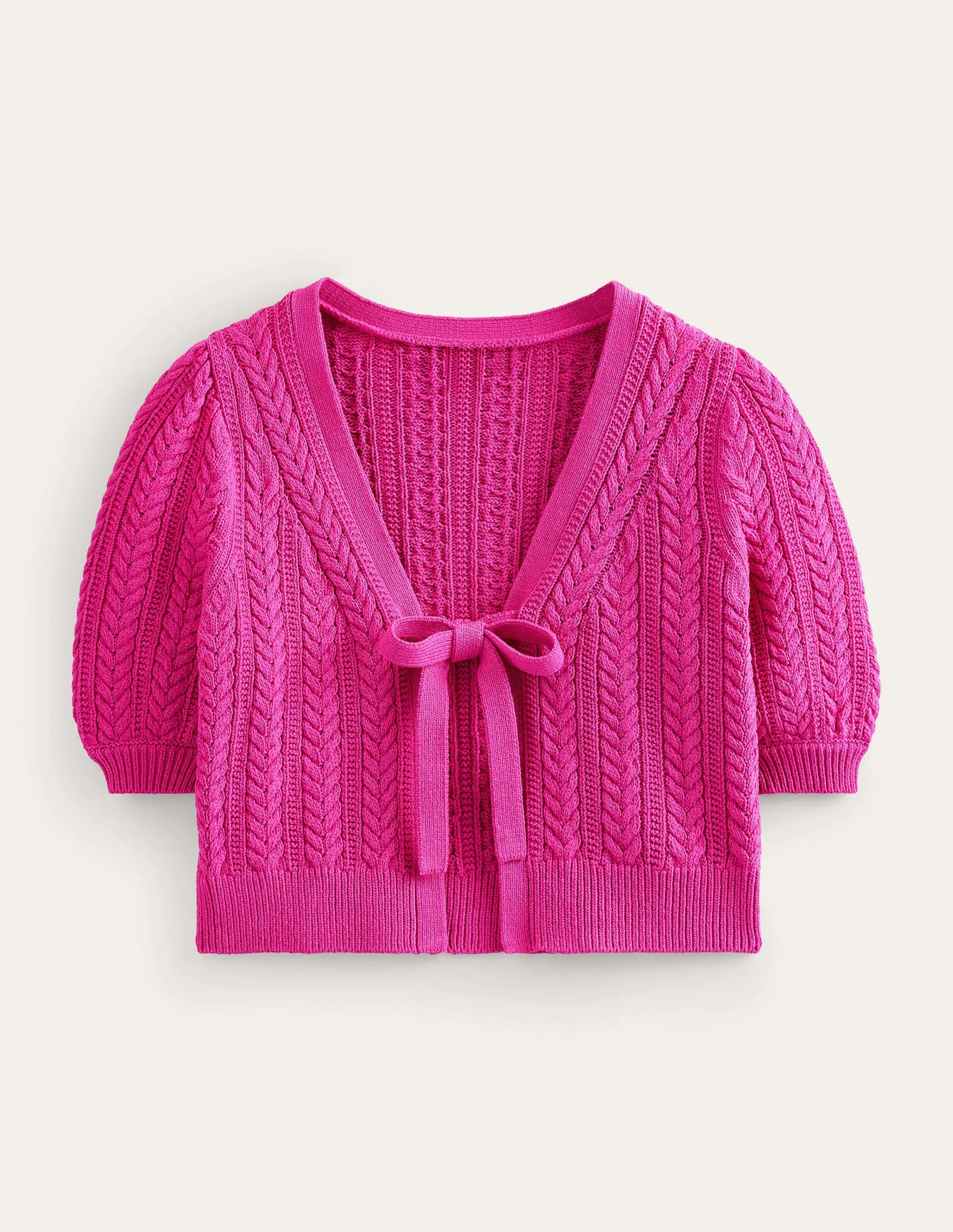 Bow-Trim Cropped Cardigan-Phlox Pink