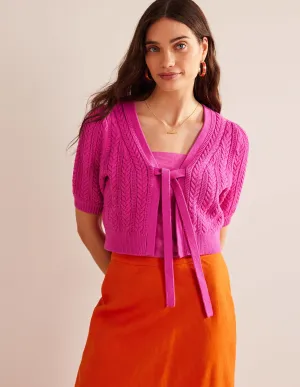 Bow-Trim Cropped Cardigan-Phlox Pink