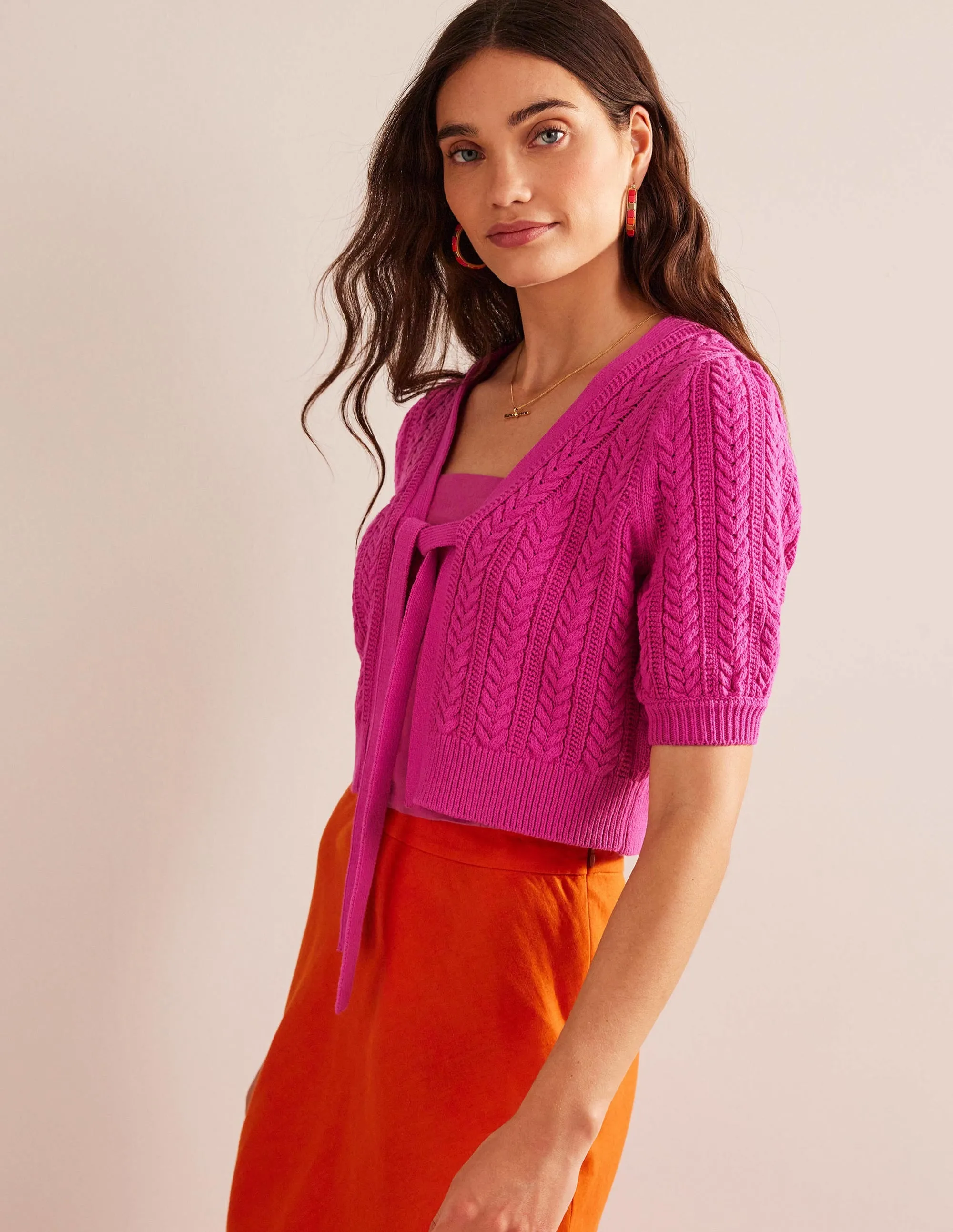 Bow-Trim Cropped Cardigan-Phlox Pink