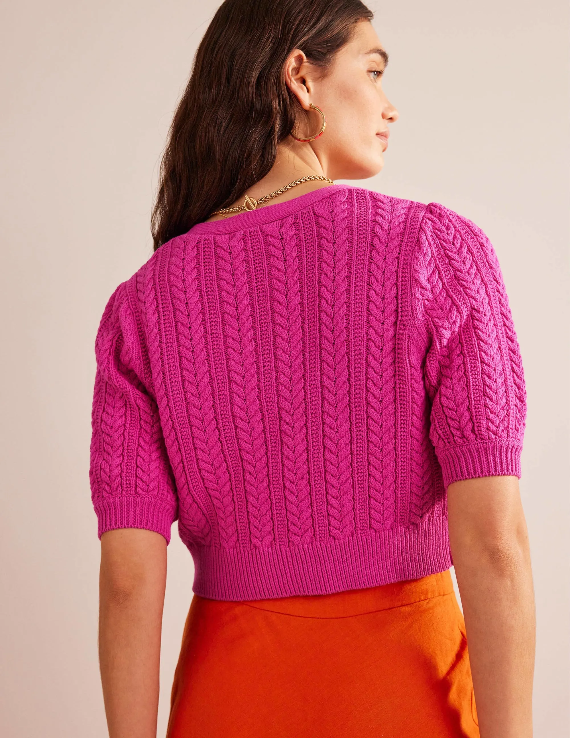 Bow-Trim Cropped Cardigan-Phlox Pink
