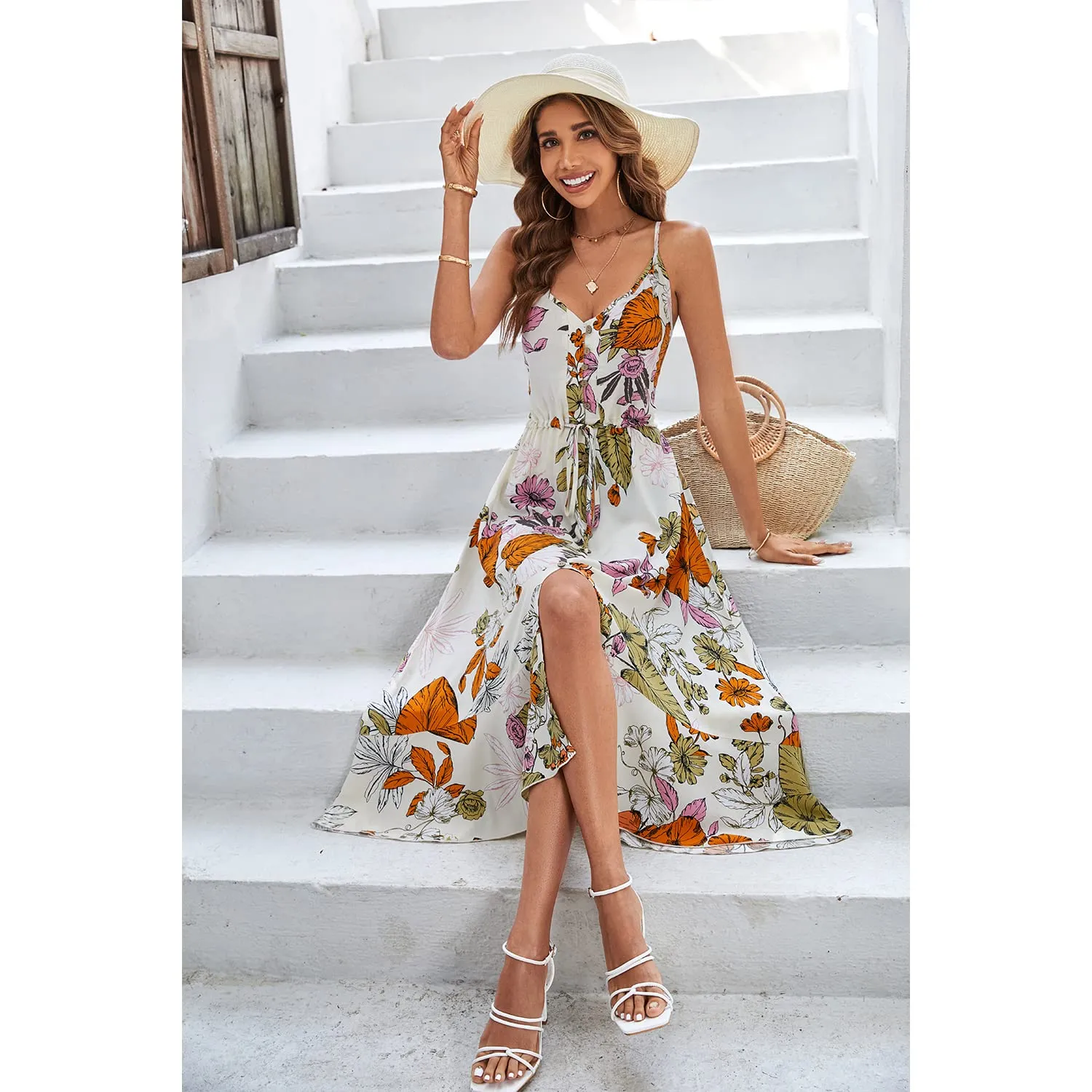 BROVAVE Women's 2024 Summer Casual Boho Sundress Polka Dot Spaghetti Strap V Neck Flowy Midi Dresses(008 Apricot#2, Medium)