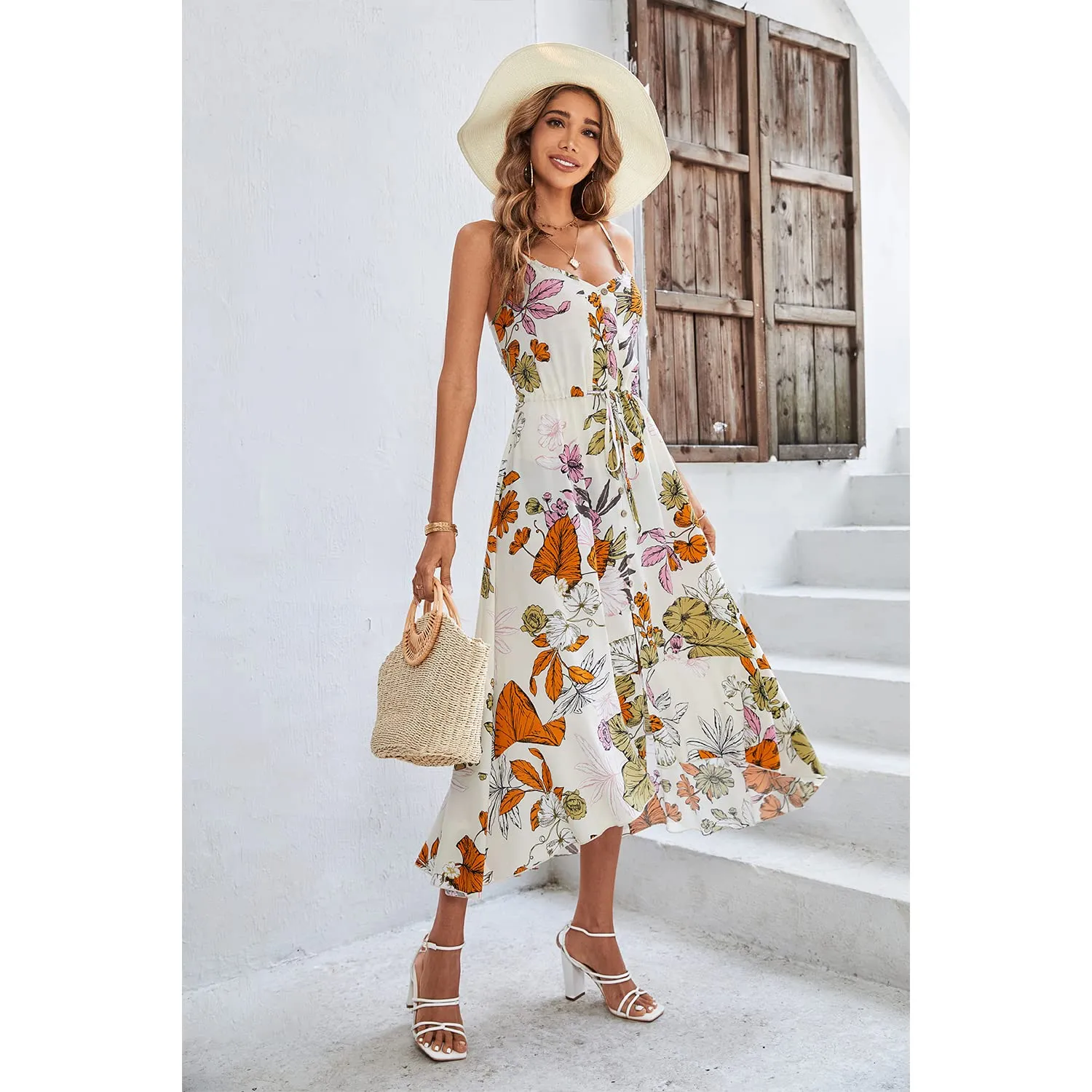 BROVAVE Women's 2024 Summer Casual Boho Sundress Polka Dot Spaghetti Strap V Neck Flowy Midi Dresses(008 Apricot#2, Medium)