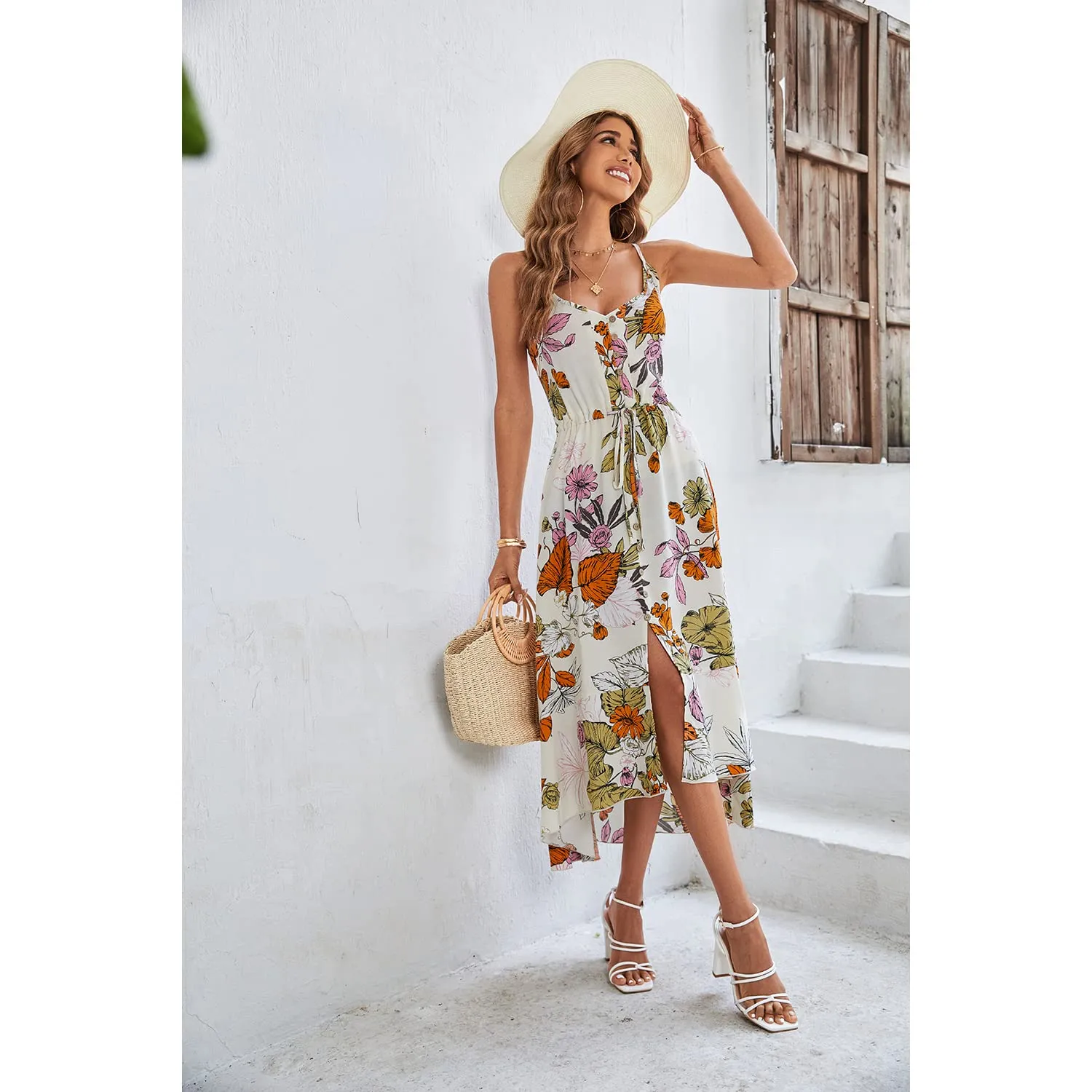 BROVAVE Women's 2024 Summer Casual Boho Sundress Polka Dot Spaghetti Strap V Neck Flowy Midi Dresses(008 Apricot#2, Medium)