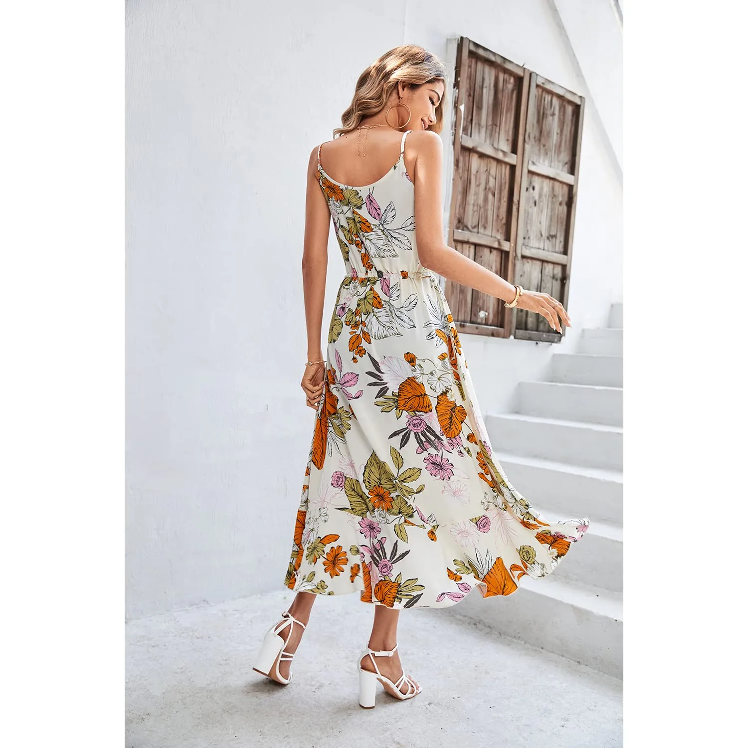 BROVAVE Women's 2024 Summer Casual Boho Sundress Polka Dot Spaghetti Strap V Neck Flowy Midi Dresses(008 Apricot#2, Medium)