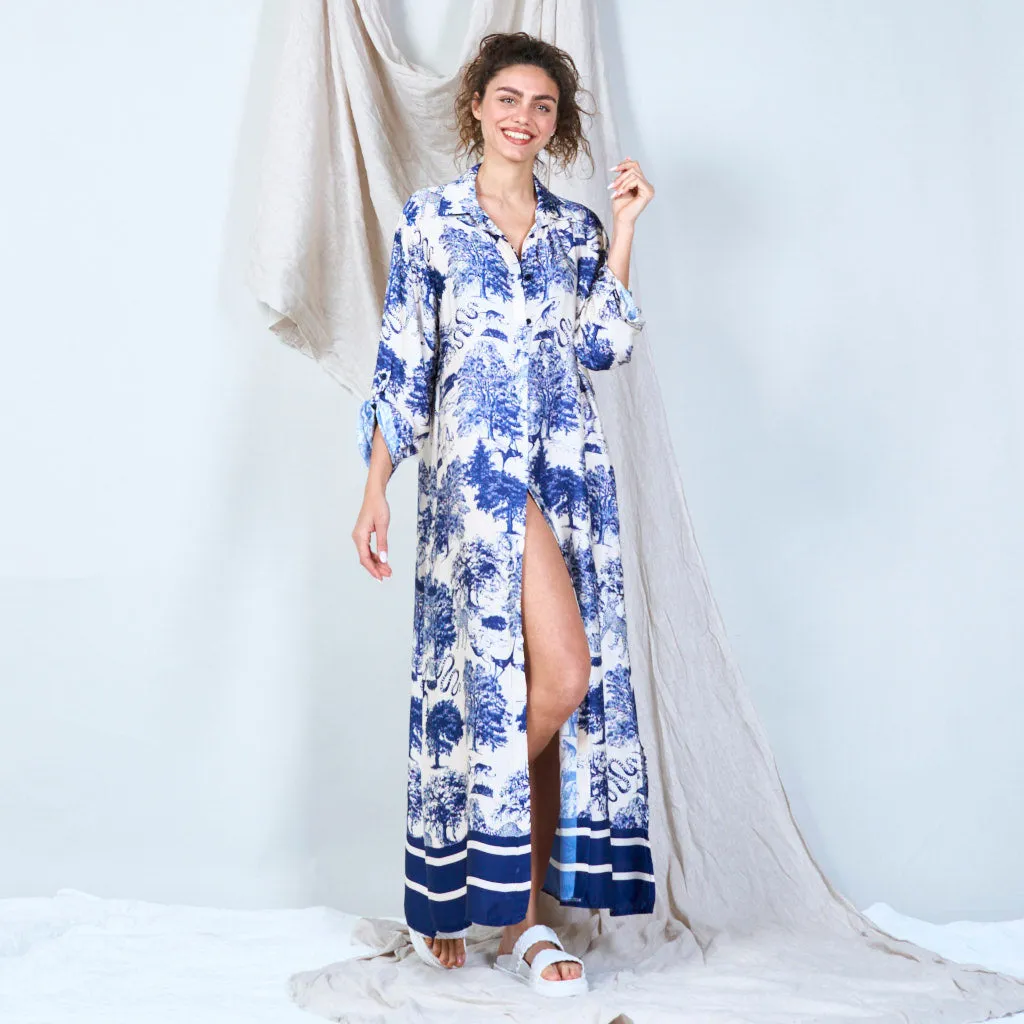 Buttoned front maxi dress with print toile de jouy wholesale