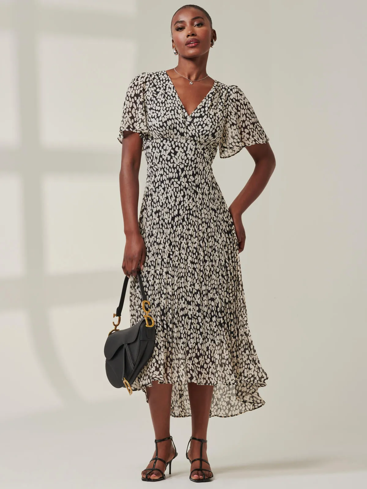 Chelsea Pleated Chiffon Dip Hem Maxi Dress, Black Geo